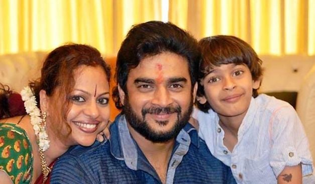 R Madhavan With His Wife And Son