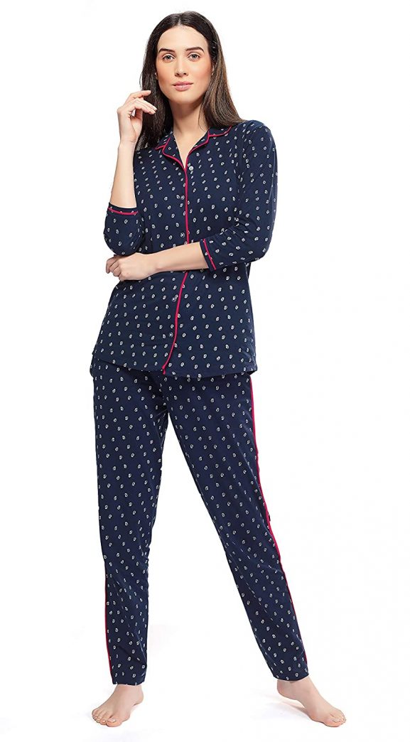 Zeyo Womens Cotton Navy Blue and Pink Unique Print Night Suit Set